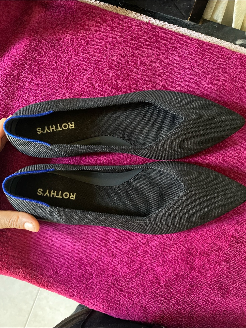 Rothy's Black Pointed Knit Flats with Blue Trim - Picture 2 of 7